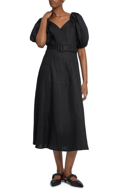 & Other Stories Puff Sleeve Belted Linen Dress In Black