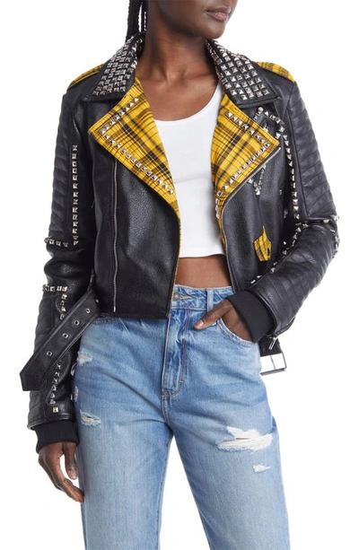 Azalea Wang Plaid Faux Leather Moto Jacket In Black Multi