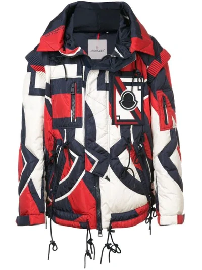 Moncler Abstract-print Hooded Quilted Down Jacket In Red