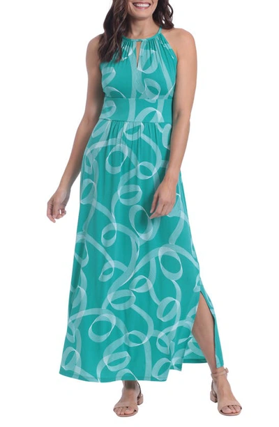 London Times Swirly Scroll Printed Jersey Dress In Green/ Blue