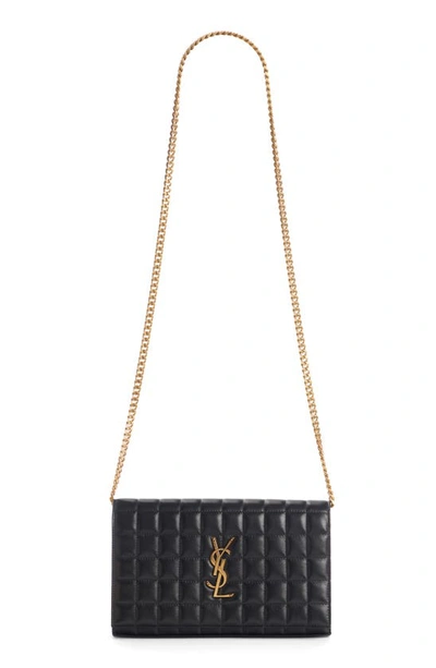 Saint Laurent Cassandre Quilted Leather Wallet On A Chain In Nero