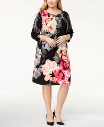 Calvin Klein Plus Size Printed A-line Dress In Black Flower