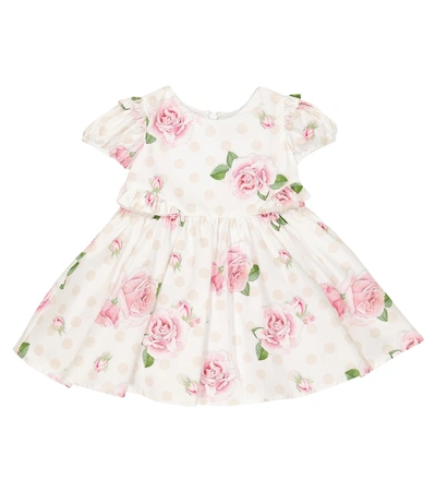 Monnalisa Babies' Girls White & Pink Cotton Roses Dress In Bianco+rosa Fairytale