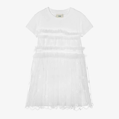 Fendi Kids' Girls White Cotton Tulle Logo Dress