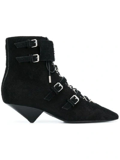 Saint Laurent Blaze Point-toe Eyelet-embellished Suede Boots In Black