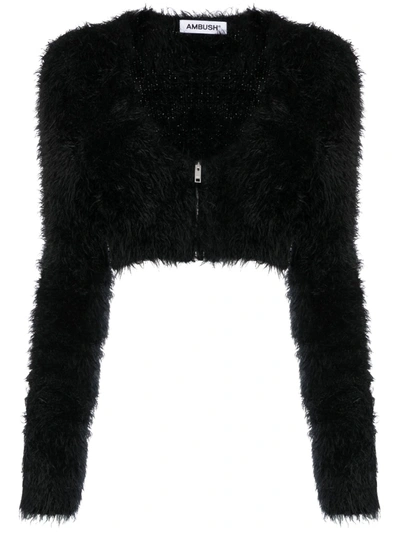 Ambush Faux-fur Crop Zipped Cardigan In Black