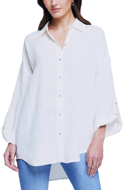 L Agence Harbor Oversize Tab Sleeve Linen Blend Button-up Shirt In Ivory