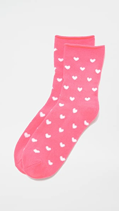 Plush Heart Rolled Fleece Socks In Neon Pink