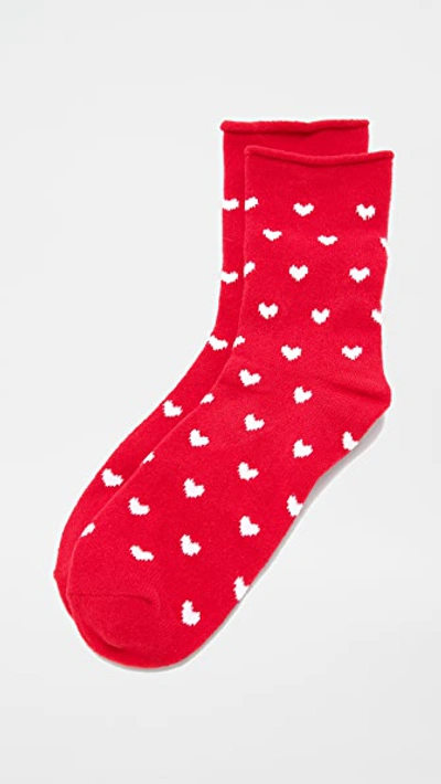 Plush Heart Rolled Fleece Socks In Red