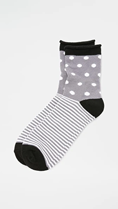 Plush Dot Stripe Rolled Fleece Socks In Charcoal