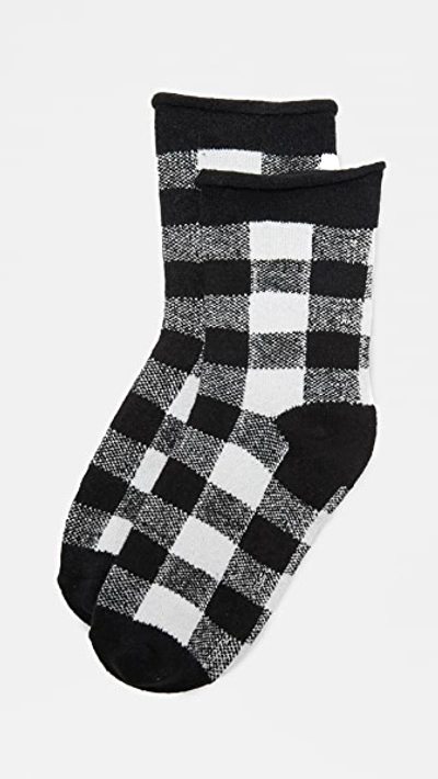 Plush Rolled Fleece Plaid Socks In Black/white Plaid