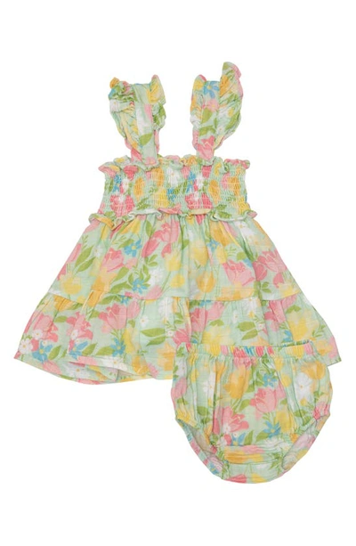 Angel Dear Babies' Springtime Tulip Smocked Organic Cotton Muslin Dress & Bloomers Set In Green Multi