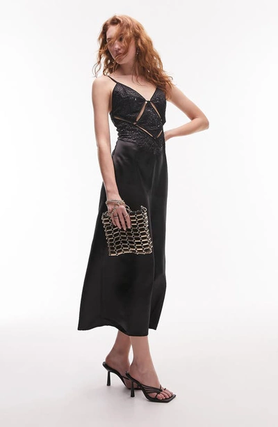 Topshop Sequin Cutout Satin Slipdress In Black