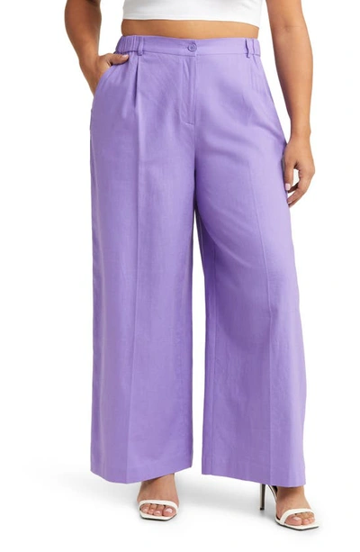 Open Edit Linen Blend Wide Leg Pants In Purple Dahlia