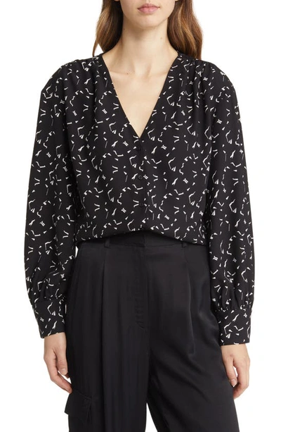 Nordstrom Print V-neck Blouse In Black- Ivory Cloud Geo Spots