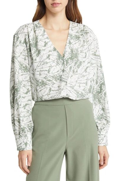 Nordstrom Print V-neck Blouse In Ivory- Green Dune Splatter