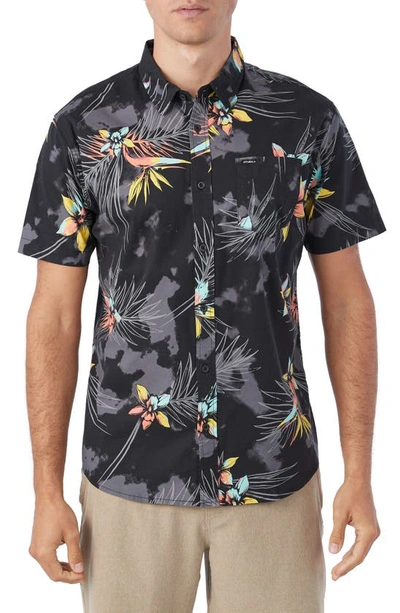 O'neill Quiver Standard Fit Floral Short Sleeve Stretch Cotton Button-up Shirt In Black