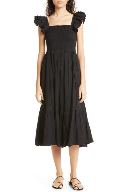 Mille Olympia Smocked Midi Dress In Black Double Gauze