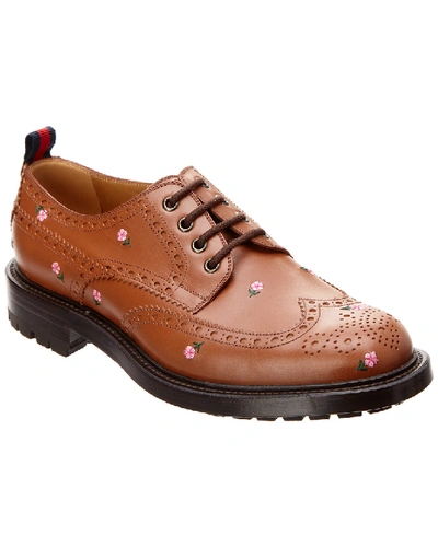 Gucci Flower Embroidered Brogue Leather Oxford In Brown