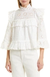 Stellah Eyelet Trimmed Bell-sleeve Blouse In White