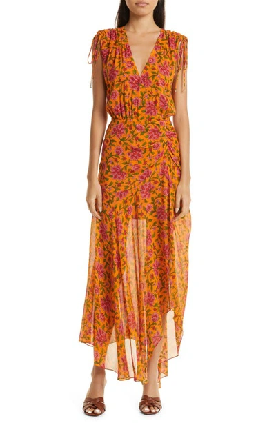 Veronica Beard Dovima Floral V-neck Gathered Maxi Dress In Orange