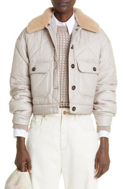 Brunello Cucinelli Quilted Jacket With Faux Shearling Collar In Light Grey