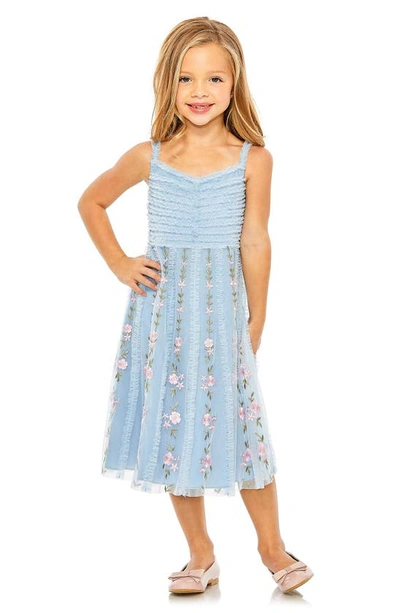 Mac Duggal Kids' Girls Ruffle Floral Embroidered Detail Mini Dress In Blue Multi