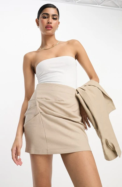Asos Design Linen Ruched Skirt In Stone-neutral