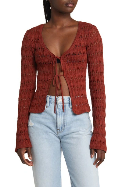 Topshop Knit Tie Front Crochet Stitch Cardigan In Rust-orange
