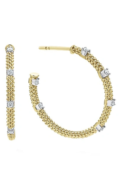 Lagos 18k Gold Superfine Caviar Beaded Diamond Hoop Earrings In Gold/white