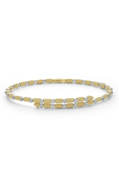 Lagos 18k White & Yellow Gold Signature Caviar Diamond Superfine Cuff Coil Bracelet In Gold/white