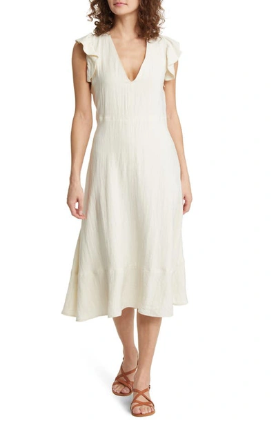 Treasure & Bond Flutter Sleeve V-neck Midi Dress In Ivory Birch