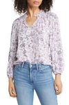 Caslon Split Neck Blouse In White- Pink Ornate Vines