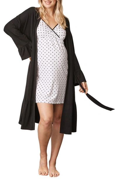 Angel Maternity Polka Dot Maternity/nursing Nightgown, Robe, Hairband & Baby Pouch Set In Black/ White