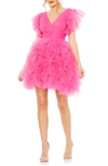 Mac Duggal Ruffled A-line Flutter-sleeve Mini Dress In Hot Pink