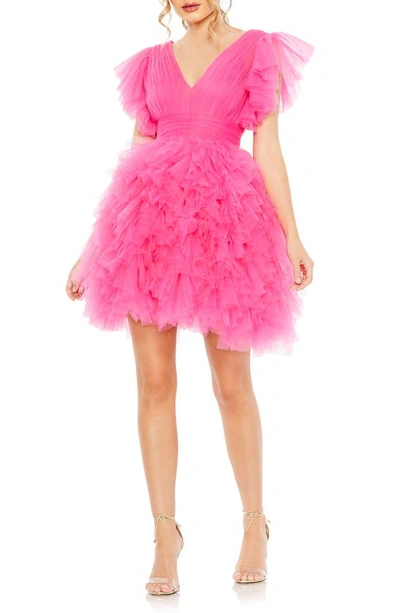 Mac Duggal Ruffled A-line Flutter-sleeve Mini Dress In Hot Pink