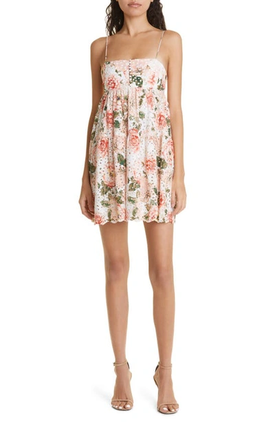 Alice And Olivia Lorelle Floral Eyelet Babydoll Dress In White