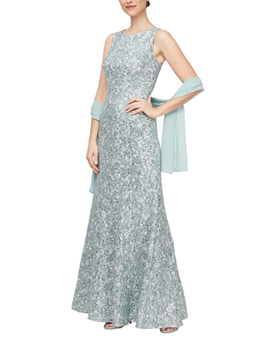 Alex Evenings Petite Allover-sequin Fit & Flare Gown & Shawl In Ice Sage