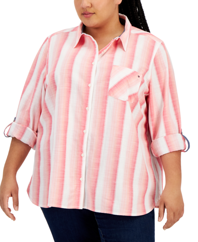 Tommy Hilfiger Plus Size Cotton Button-front Roll-tab Shirt In Azalea