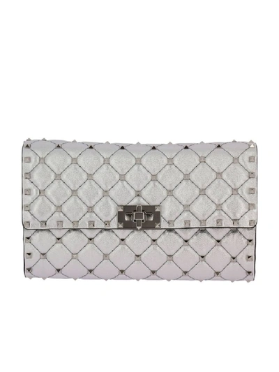 Valentino Garavani Clutch Valentino Rockstud Spike Small Bag In Laminated And Quilted Nappa Leather With Metal Studs An In Silver