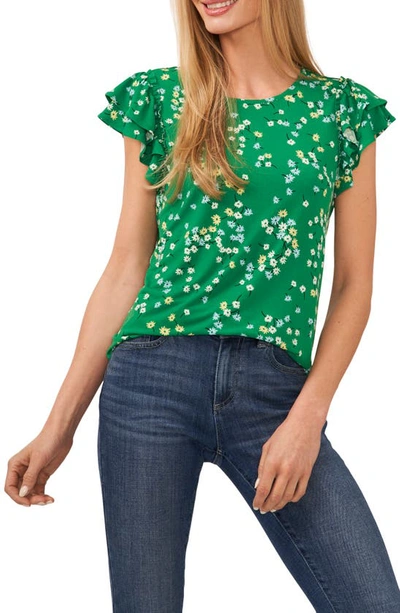 Cece Floral Print Double Ruffle Sleeve Top In Green