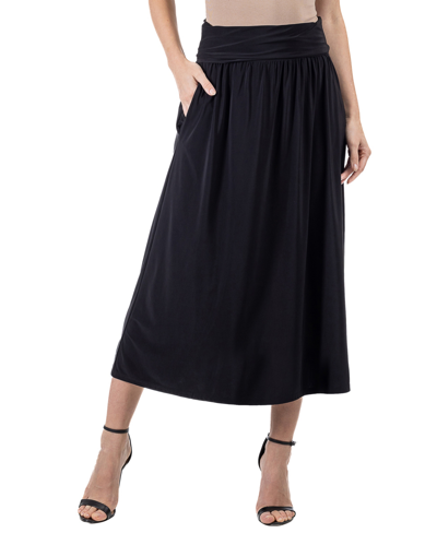 24seven Comfort Apparel Women's Elastic Waistband Pocket Midi Skirt In Black
