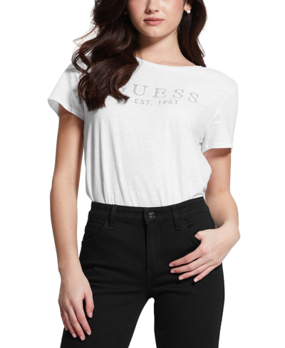 Guess Women's 1981 Crystal Logo Cotton T-shirt In Pure White