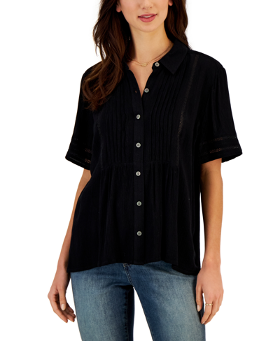 Style & Co Women's Pintuck Short-sleeve Button-front Shirt, Created For Macy's In Deep Black