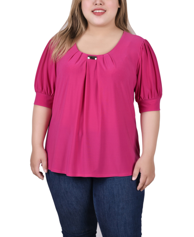 Ny Collection Plus Size Short Balloon Sleeve Top With Hardware In Fushia