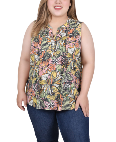 Ny Collection Petite Sleeveless Printed Pintucked Blouse In Green Capetropic