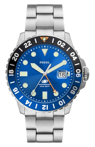 Fossil Blue Gmt Watch, 46mm In Silver Tone