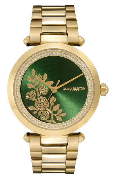 Olivia Burton Women's Signature Floral Ion Plated Gold-tone Steel Bracelet Watch 34mm In Green/gold