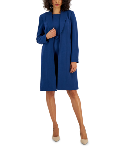 Nipon Boutique Women's Longline Jacket Topper & Belted Sleeveless Sheath Dress In Blue Flower