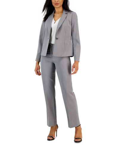 Le Suit Herringbone Single Button Blazer & Straight Leg, Mid-rise Pantsuit, Regular And Petite Sizes In Grey